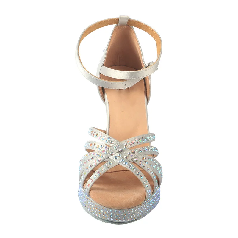 Wedopus Latin Dance Shoes Platform Flash Rhinestone Shining Skin Grey Satin Women Salsa Party Ballroom Shoes Cuban 7.5CM Heel