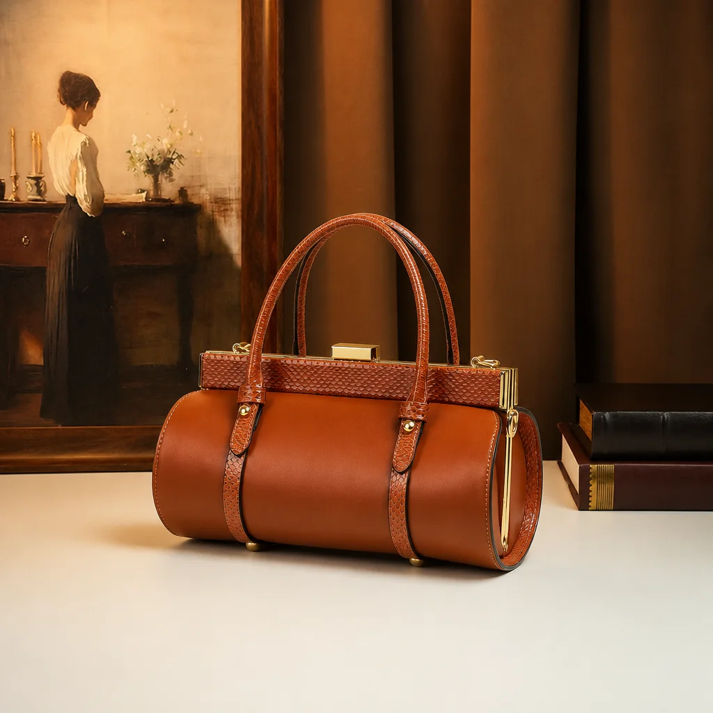 Chic Snakeskin Pattern Doctor Bag Retro Metal Clasp Cylinder Purse Vintage Brown Top Handle Shoulder Crossbody Handbag Satchel