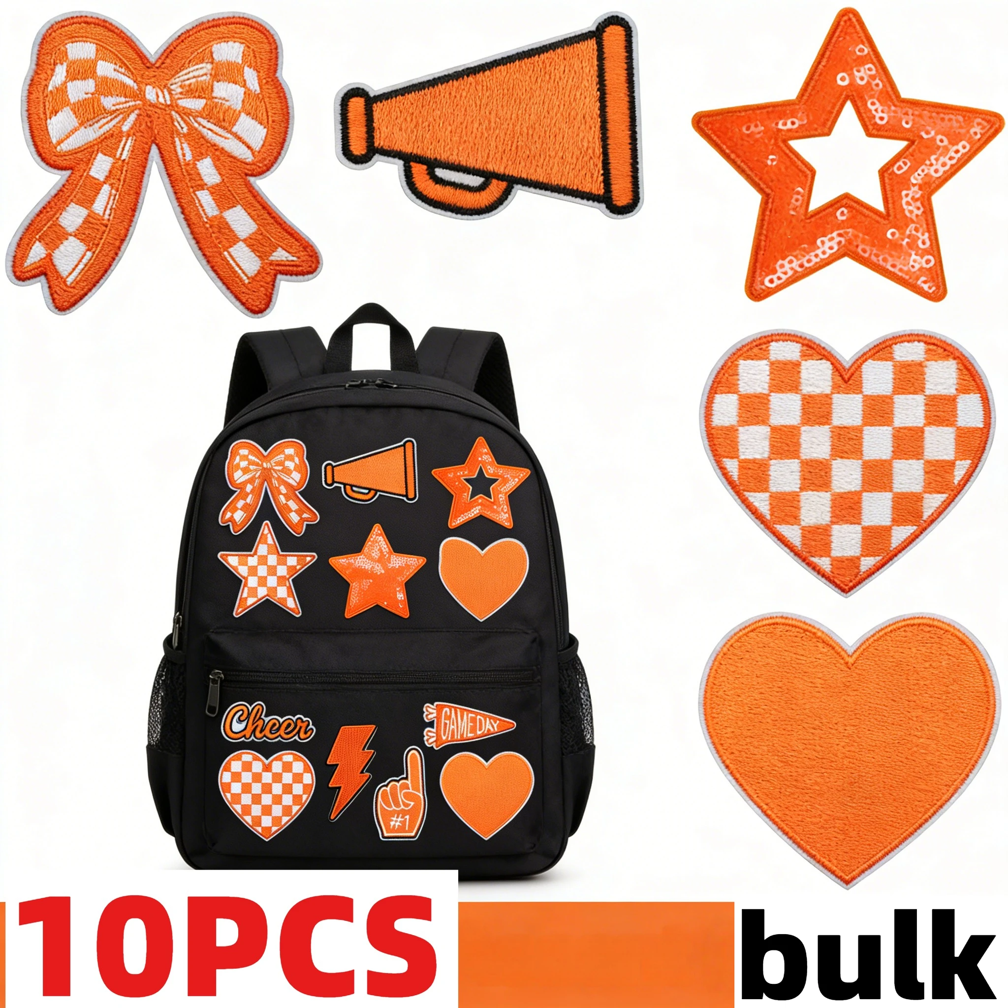 10PCS A Set Of Orange Lightning Star Embroidery Patches Love Bow Design Cheerleader Game Day Iron On For DIY Clothes Decoration