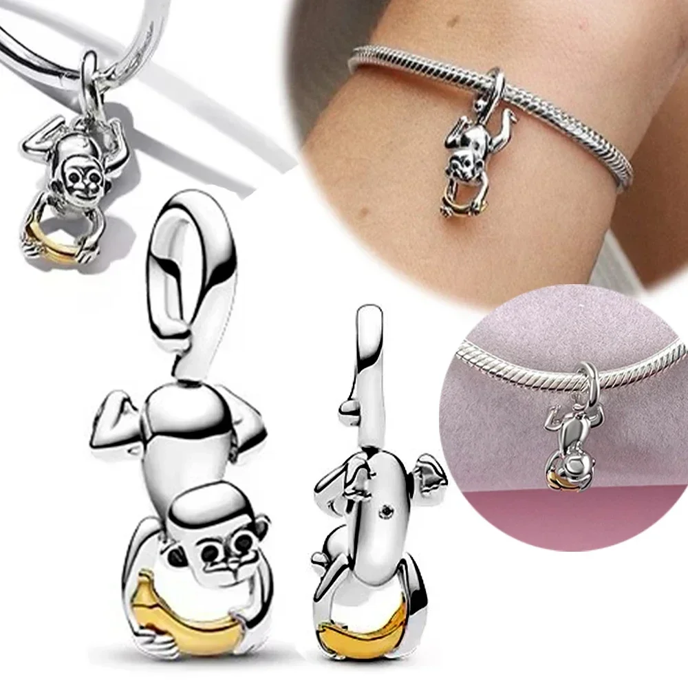 Sterling Silver 925 Cute Animal Monkey Banana Charm fit Original Pandora DIY Bracelet Women's Jewelry Gift