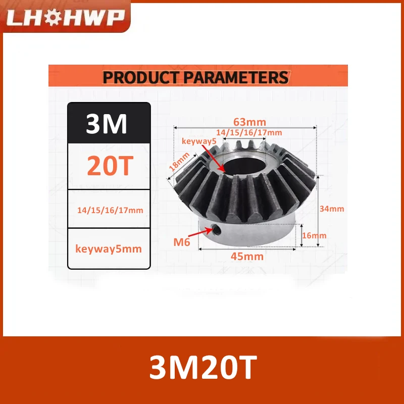 Bevel Gear 3M20Tooth Hole 14/15/16/17/18/19/20/22/24/25/28mm 45 Steel Teeth Surface Quenching Bevel Gears Screw Hole M6 Fixed
