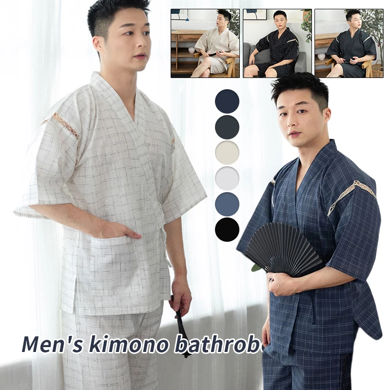 Homens verão japonês quimono conjunto meia manga shorts terno listrado cor sólida pijamas spa sauna banho wear coreano casual pijamas