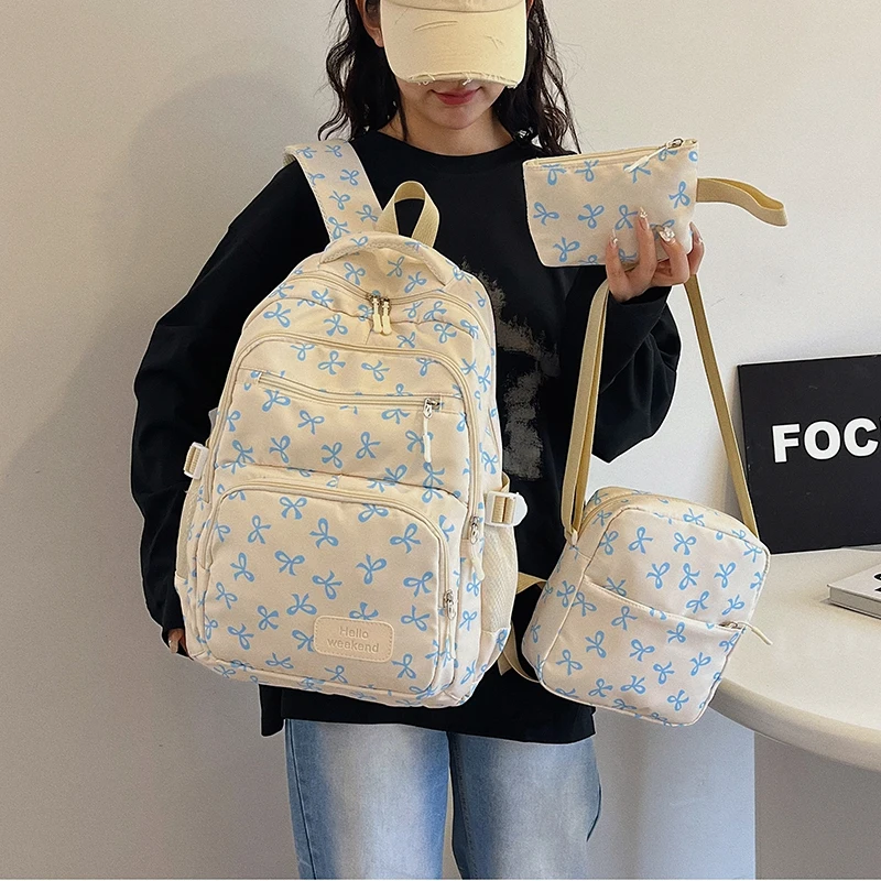

Korean Fashion Bow Print Women Fashion Backpack with Crossbody Bag Small Bag Lightweight Simple Student Schoolbag Female Bag Set