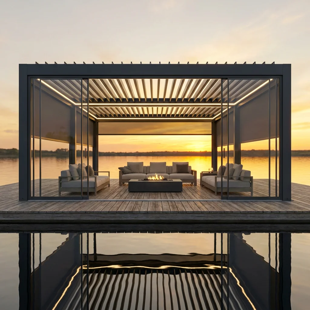 Luxury Motorized Bioclimatic Aluminum Pergola with Sliding Glass Doors, Sunroom Gazebo for Balcony Garden Lounge