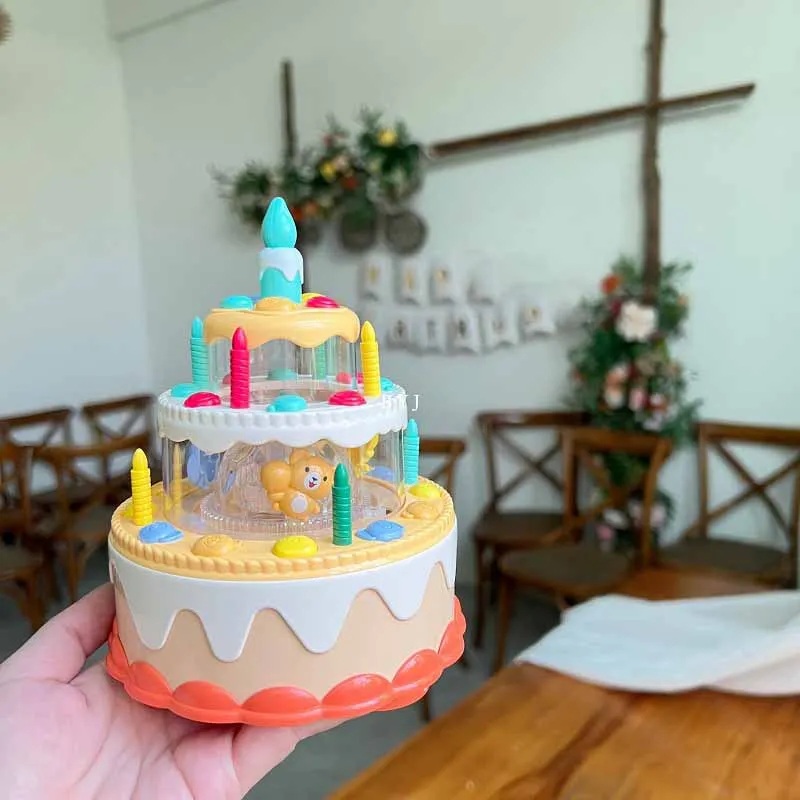 Mainan anak-anak seri binatang lucu, mainan kue ulang tahun kartun dengan lampu dan musik Gimbal berjalan, mainan Puzzle anak