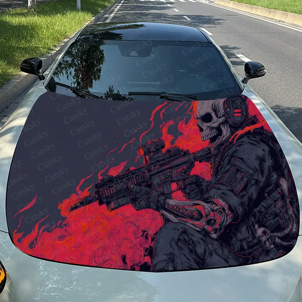 Car Decal Armed Figure with Red Fiery Accent in Edgy Design, Creating a Bold and Dynamic Visual Car Hood Sticker, Waterproof Sel