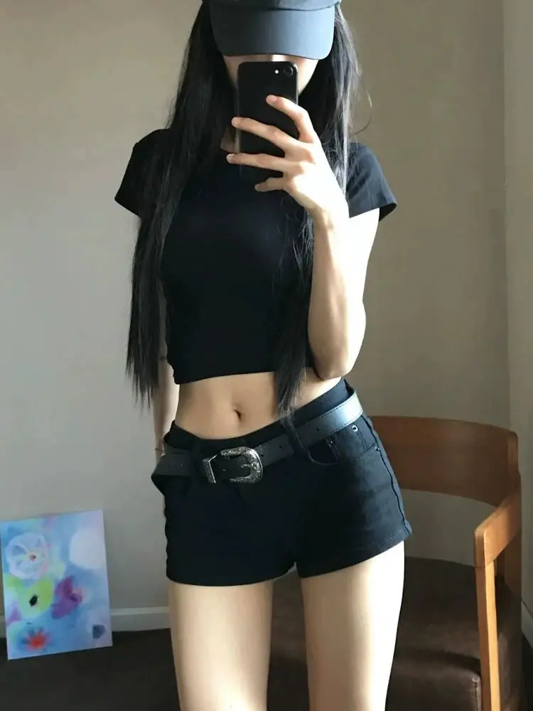 

Stretchy Low Rise Black Shorts: Y2K Vintage Booty Shorts, Tummy Control High Waist Effect, Baddie Summer Denim Hotpants