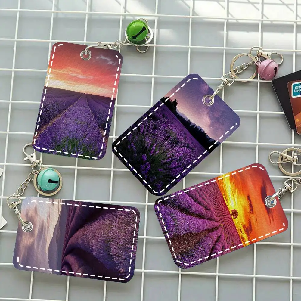 Purple Lavender Sea Card Case Keychain Access Card Bag Key Tag Ring Leather Card Holder Key Ring Access