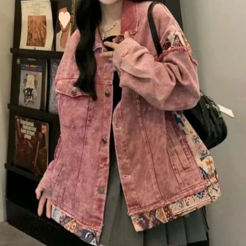 Vintage American Patchwork Denim Sweet Cool Jacket New Spring and Autumn Loose Casual Design Cargo Jacket Couple Top