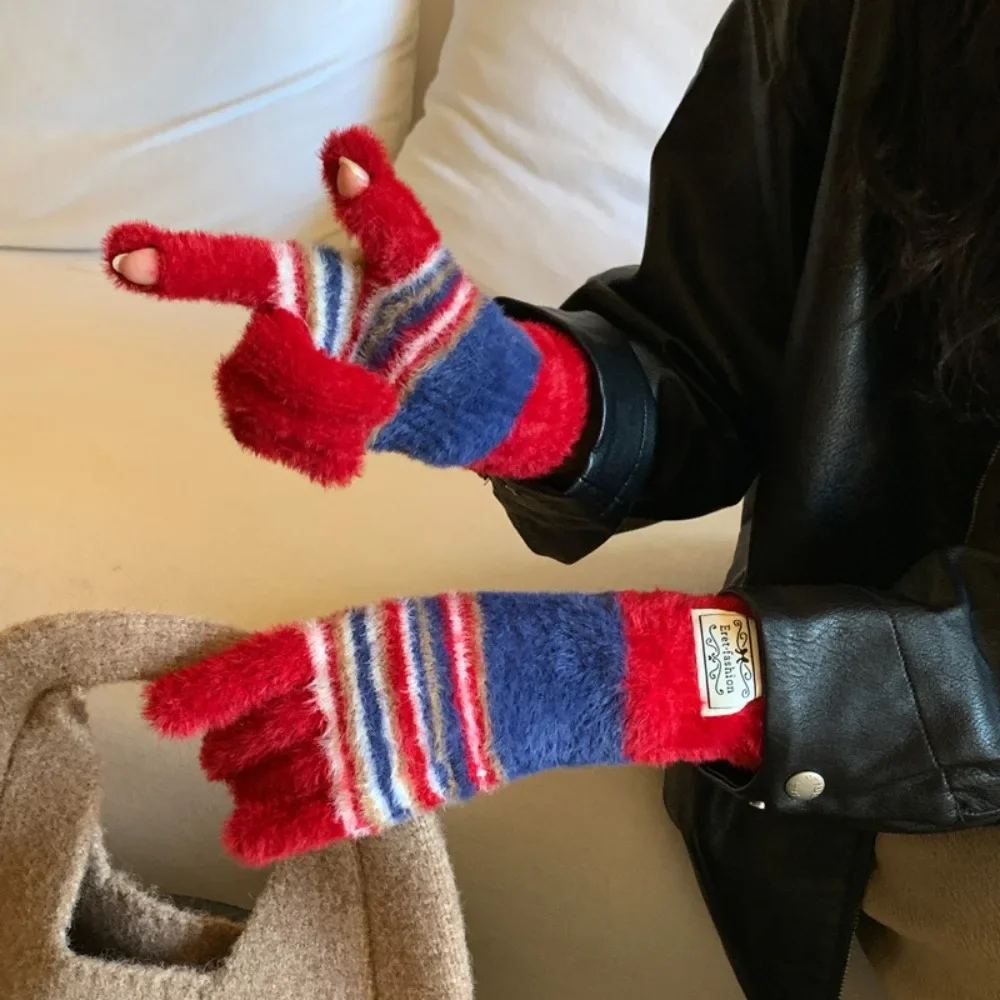 Korean Style Colorful Striped Gloves Harajuku Soft Full Fingers Mittens Rainbow Color Comfortable Touchscreen Mittens Cycling