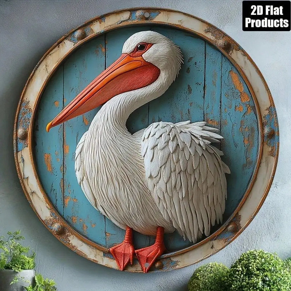 CIFBUY Pelican Sign on Old Board, Nautical Style Metal Bathroom & Terrace Decor, Round 20x20 cm