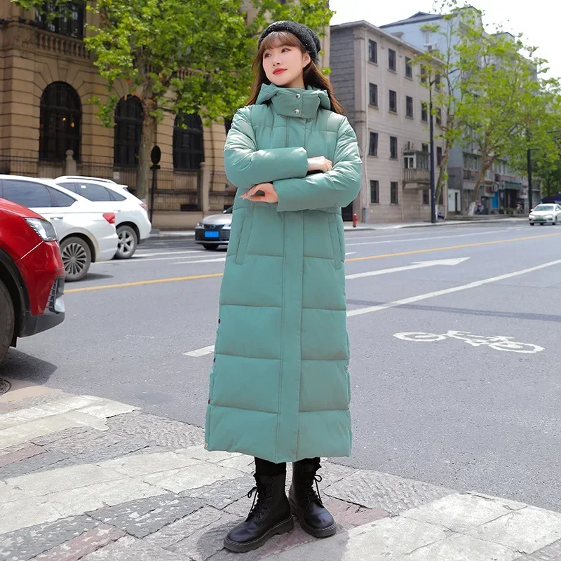 Korean Version of Loose Casual Thick Solid Color Hooded Down Jacket,Women\'s Winter Warm Extra Long Stand-up Collar Padded Jacket