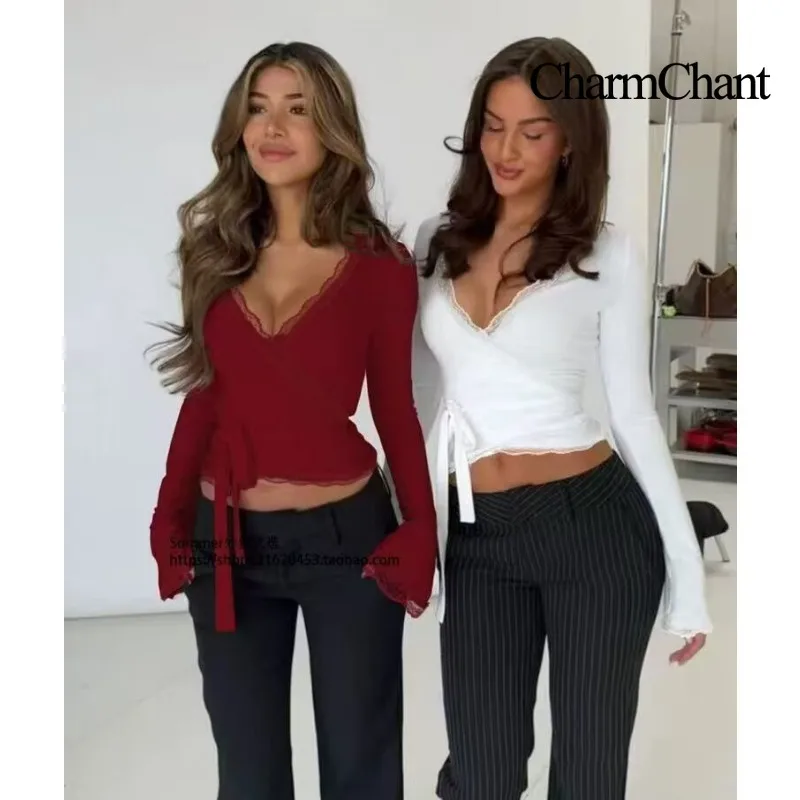 CHARMCHANT Women's Lace Trim Deep V Neck Crop Top Flare Long Sleeve Side Tie Bow Slim Fit Y2K Night Out Blouse Autumn 2026