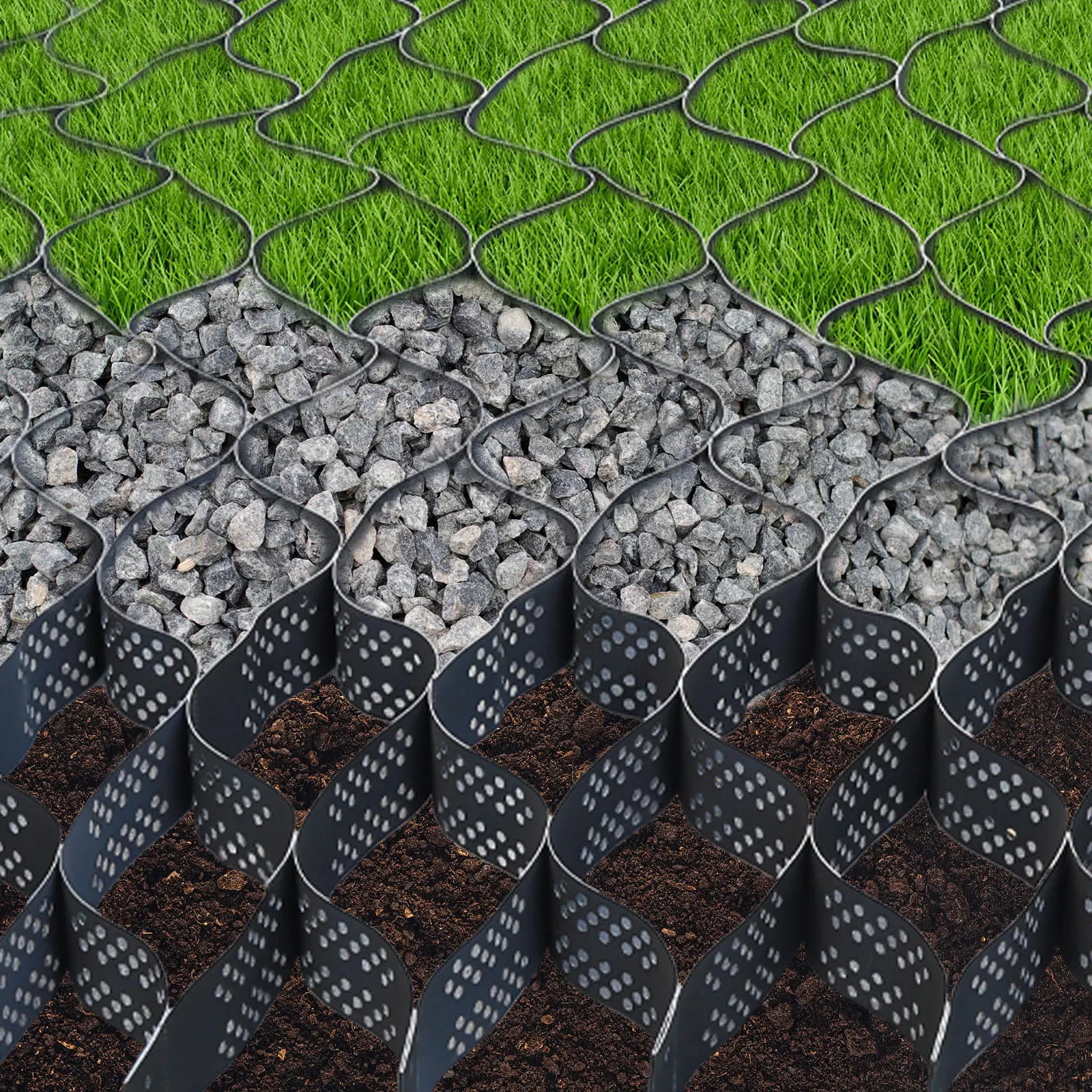 Rejilla geométrica negra de 4 pulgadas de espesor, rejilla de suelo de polietileno, Fordriveways geogrid multifuncional de 1 pieza, caminos, estacionamientos