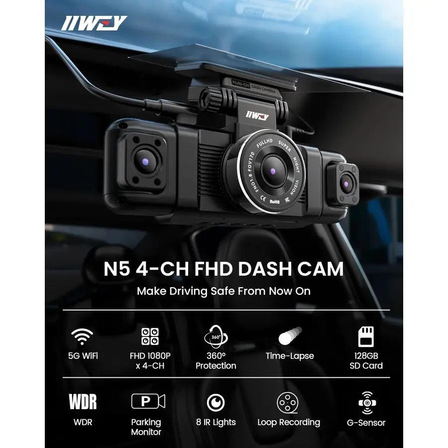 N5 4 قنوات Dash Cam 360 View، 1080P أمامي وخلفي، كاميرا داش يسار يمين للسيارات، 8 مصابيح IR للرؤية الليلية، 5G WiFi a
