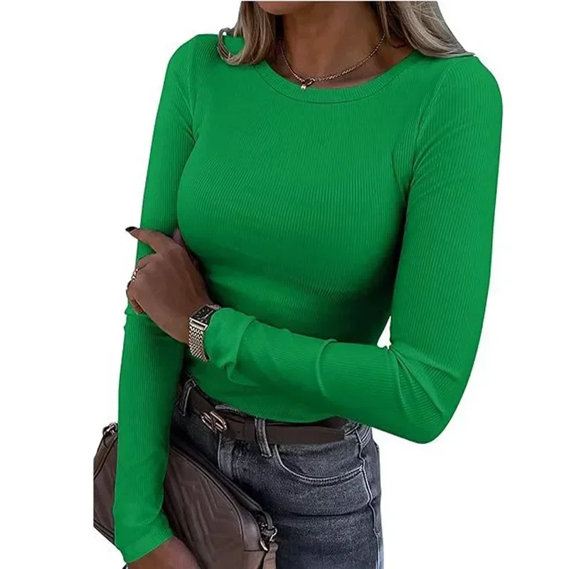 Kolorowa damska koszulka z okrągłym dekoltem, dopasowana, prążkowana, elastyczna, podstawowa, codzienna bluzka z krótkim i długim rękawem.