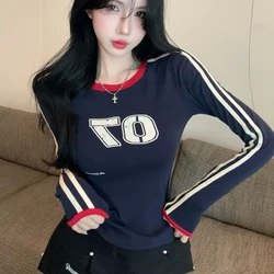 High Street Patchwork Contrast Slim Short T Shirts Long Sleeve O-neck Tops Tees Spring Autumn New Vintage Casual Women Clothing