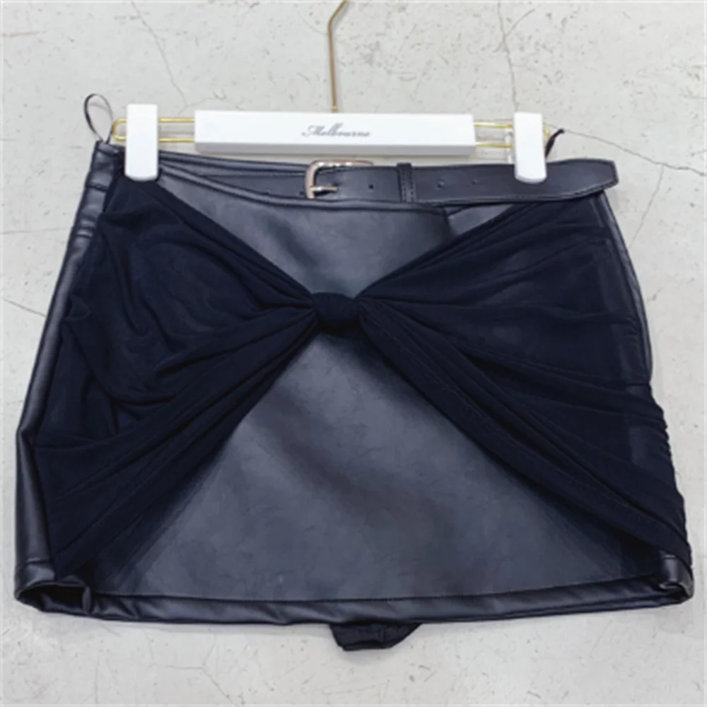 

Bow knot yarn splicing metal buckle PU leather short mini skirt women
