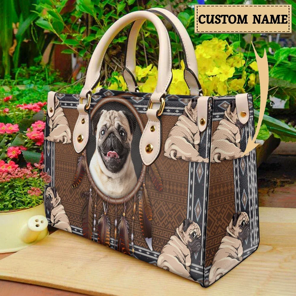 Ladies Elegant Handbag Cute Pug Custom Name Crossbody Bags Leather Large Capacity Multifunctional Outing Business Zipper Totes