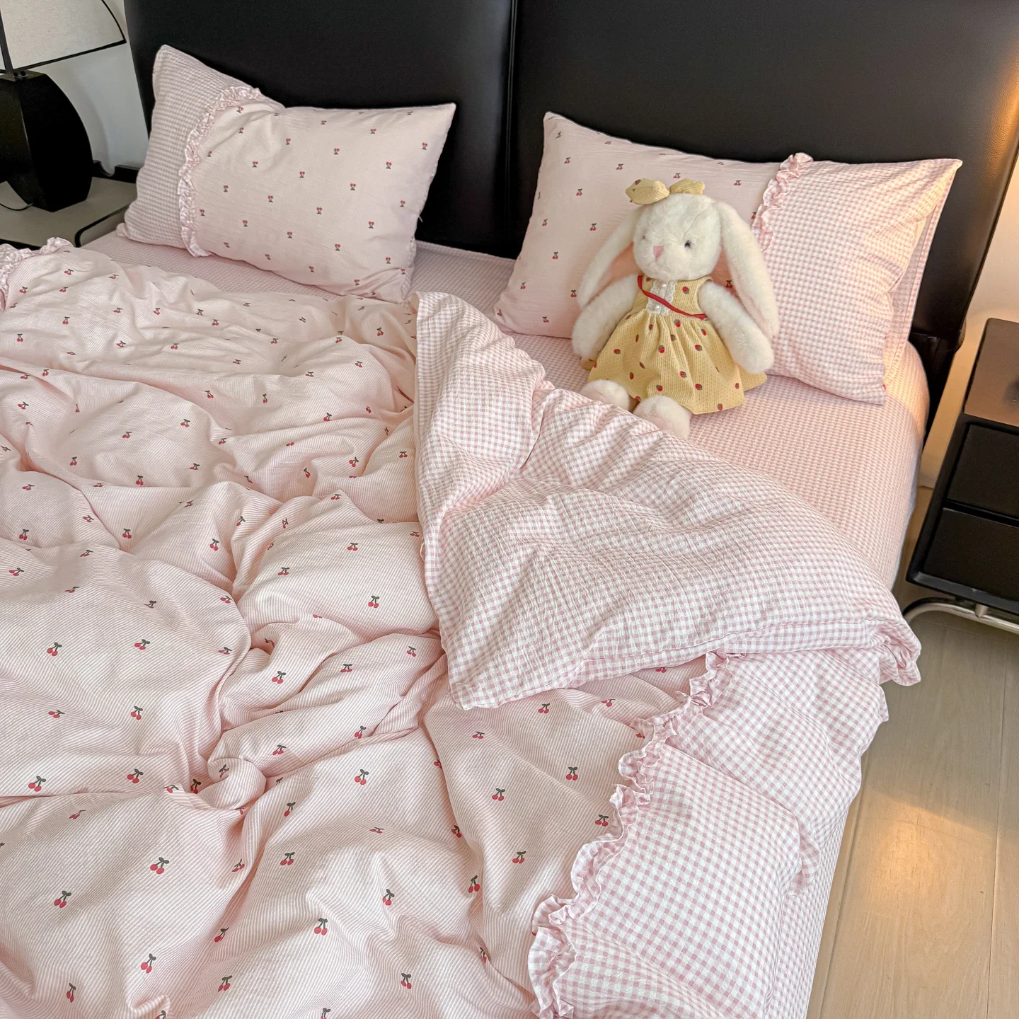 Korean Pink Gingham Bedding Sets With Cherry 2026 Cute Girls Striped Duvet Cover Wash Cotton Soft Bed Sheet Set Quilt Cover