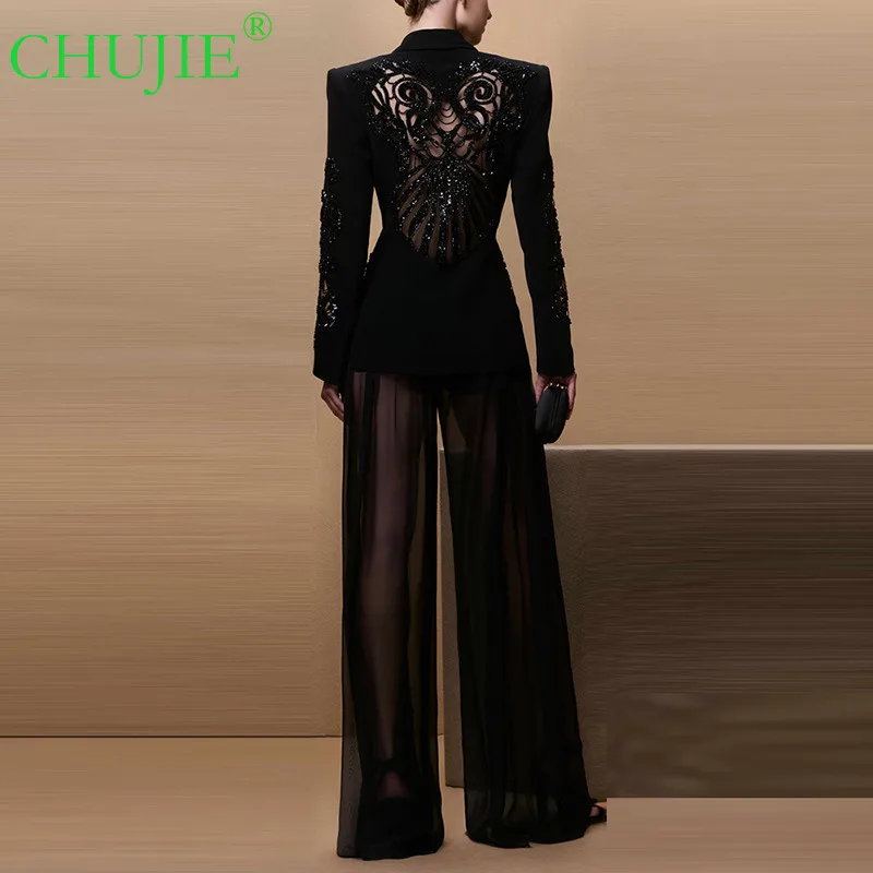 

CHUJIE Early Spring New European And American Celebrity Fashion Mesh Patchwork Heavy Beading Blazer Suit + Chiffon Long Pants