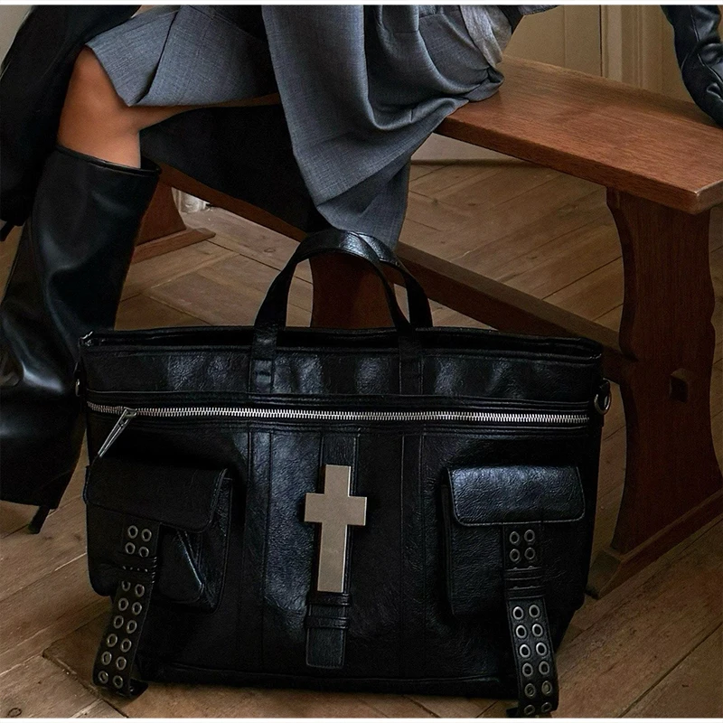 Vintage Distressed Tote Bag mit Kreuznieten, Große Unisex Umhängetasche, Reißverschluss-Handtasche aus Cracked PU für Damen – Detail 28