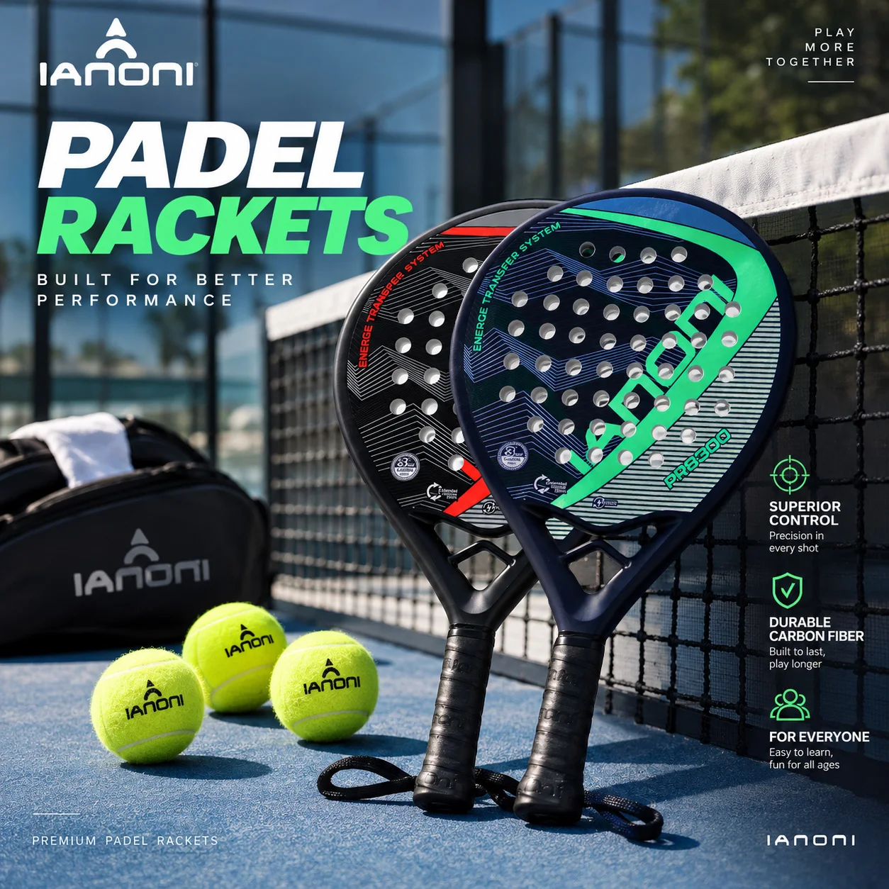 IANONI Padel Set, 2 Rackets + 3 Balls + Carrying Bag, Carbon Fiber, High-Strength & Durable, Lightweight, Suitable for All Ages.