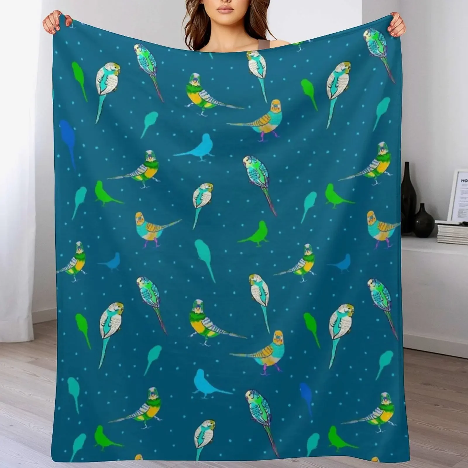 Multicoloured budgies on blue Throw Blanket Heavy Thins christmas decoration Plaid Blankets