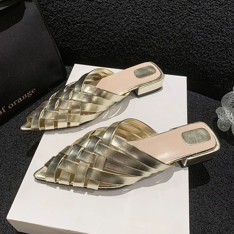 

Pointed Toe Women Slides Slippers Gold Silver Casual Outside Flat Slippers Hollow Dress Shoes Summer Women's Sandals Women Heels