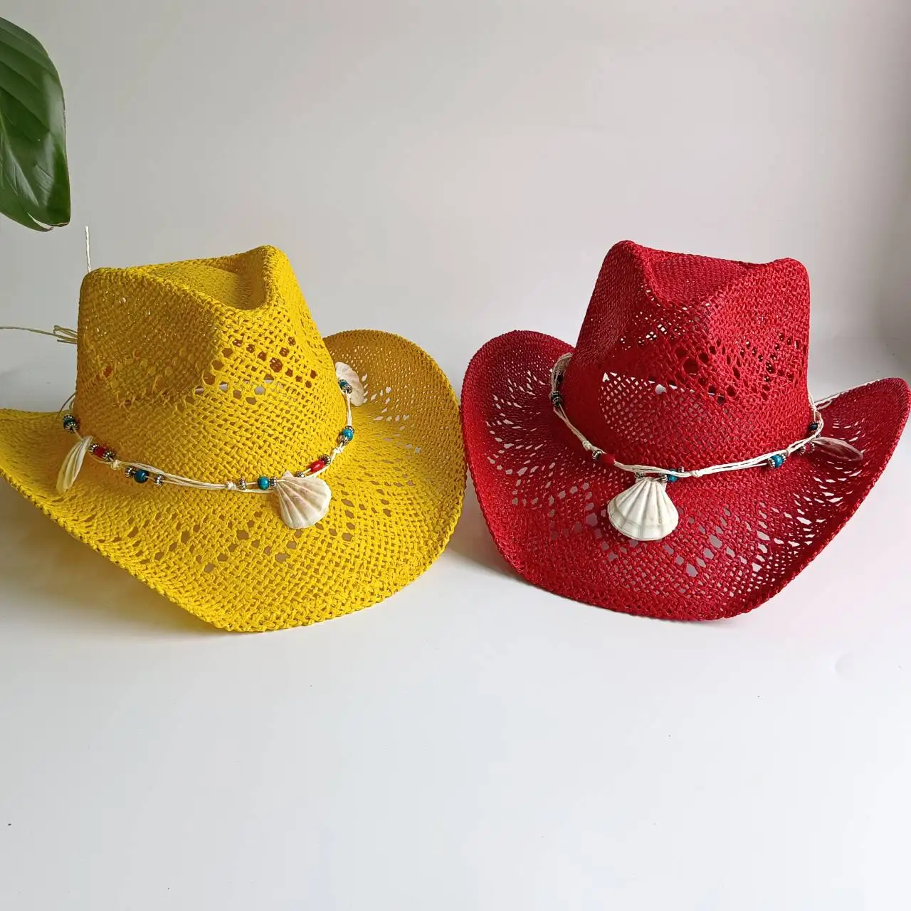 Bright yellow Cowboy Straw Hats Beach Women Men  Shell and Pearl Accessories  Out Western Wide Brim Sun Hat  sombrero
