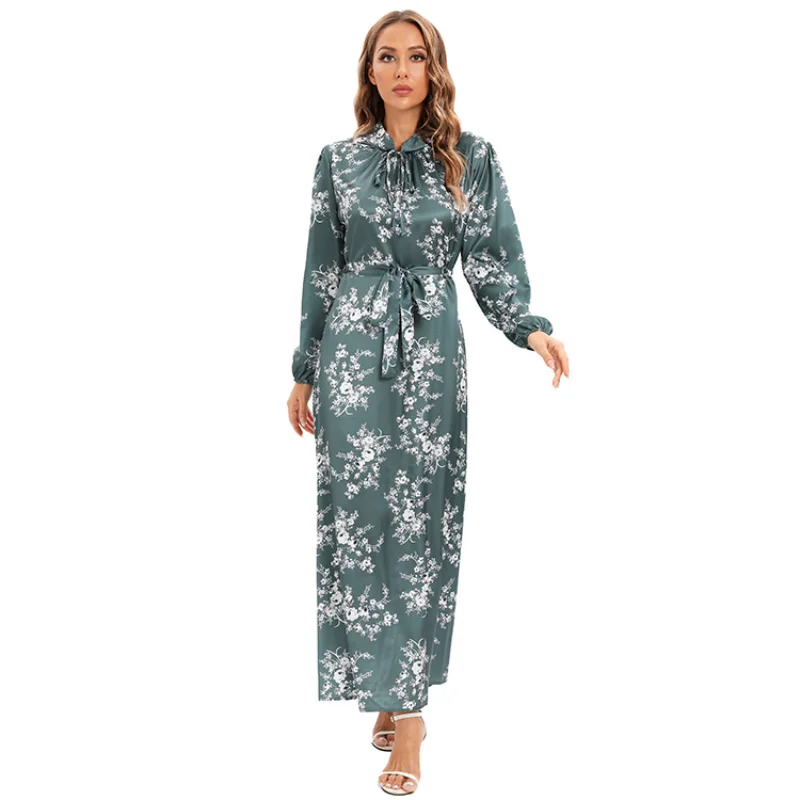 

2025 NEW Muslim Abayat Dress for Women Elegant Satin Print Abaya Sweet Corset Flower Ladies Dress Europe and America