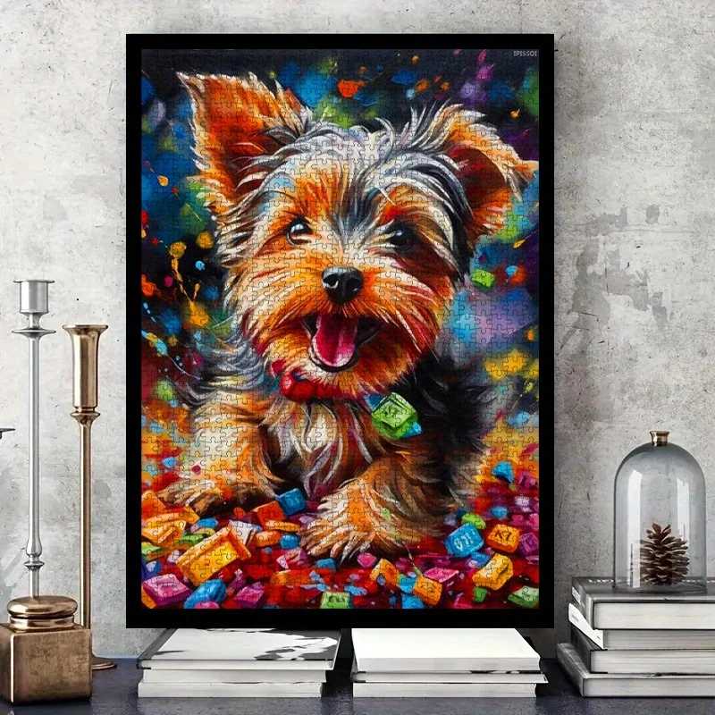 1000pcs Paper Puzzle Featuring a Cute Yorkshire Terrier with a Colorful Candy Background, Made from High-Quality White Cardboa