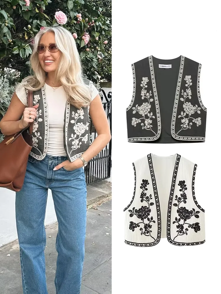 

HH Women's New Retro Short Contrasting Embroidered Vest Female Elegant Simple Versatile Sleeveless Slim Casual Cardigan Top