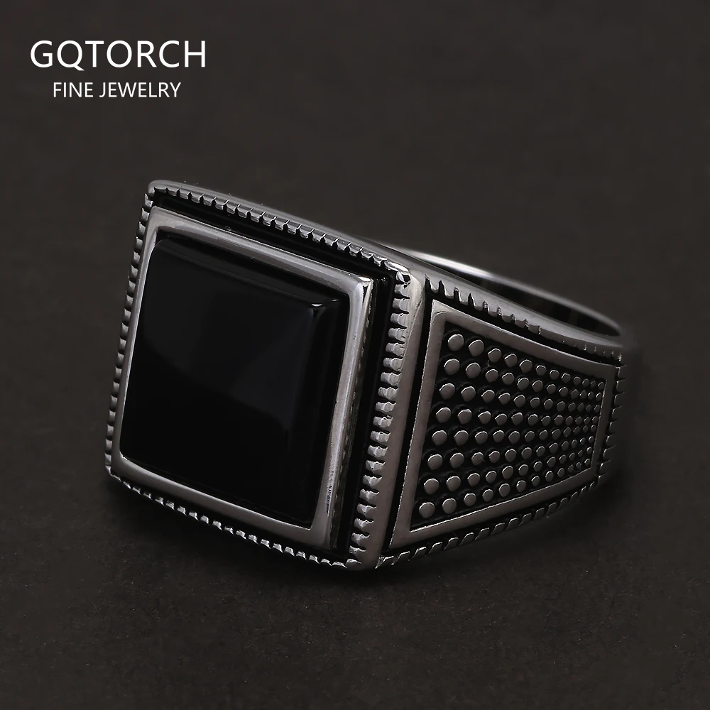 

925 Sterling Silver Black Onyx Signet Ring for Men Natural Stone Vintage Retro Simple Turkish Ring Male Wedding Jewelry