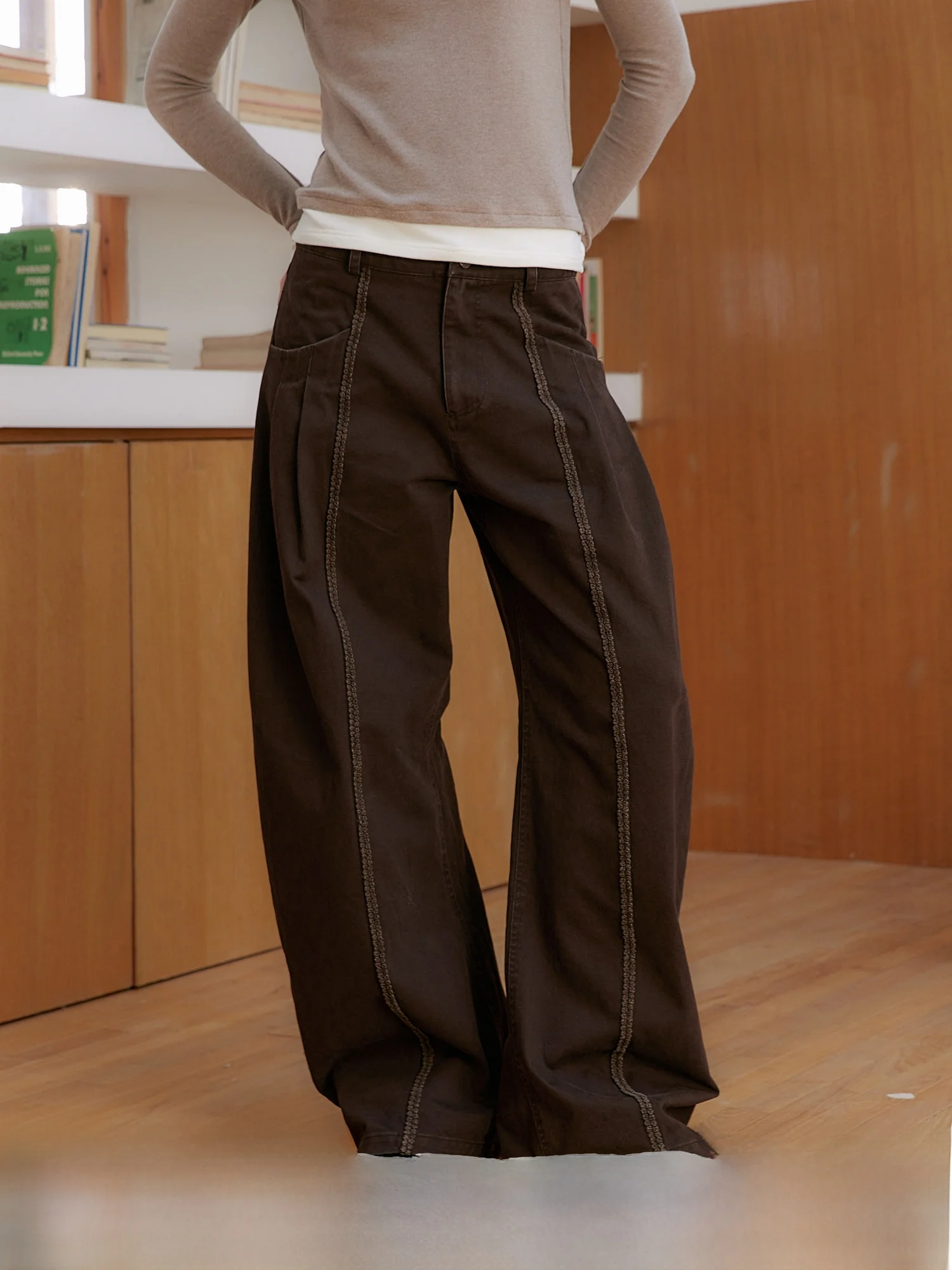 

Amweird Caramel Mocha Retro Ruffle Tape Splicing Waed Knife Casual Pants Long Pants Women's l Waist Zipper Cotton