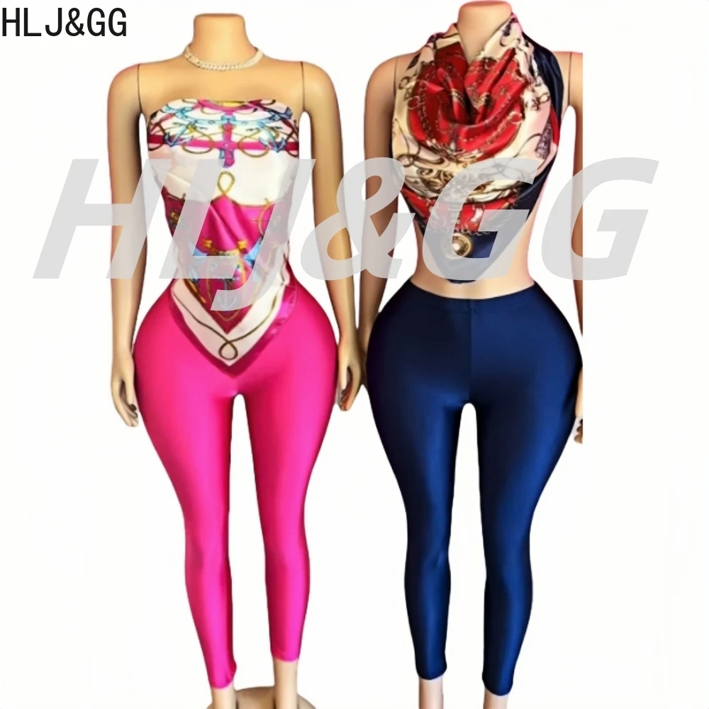 HLJ&GG Sexy Vintage Pattern Print Scarf  Two Piece Sets Women Off Shoulder Backless Crop Top And Skinny Pants Outfits Streetwear