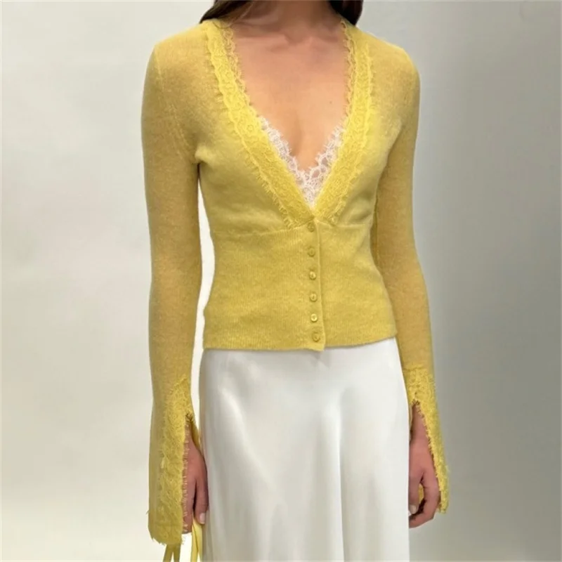 

Cardigan for women 2026 summer new single breasted slim fit V-neck women's long sleeved top Lace patchwork women's sweater y2k