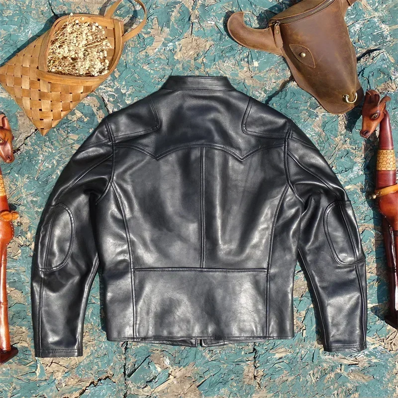 Imported Top Layer Cowhide Leather Jacket, Men's Venomous Stand Up Collar, Slim Fit Short Cowhide Upgraded Version