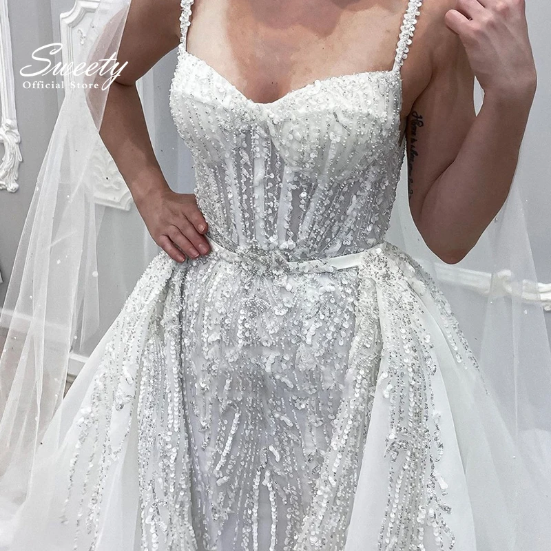 Luxury Mermaid Detachable 2 In 1 Wedding Dress Mermaid Bead With Square Collar Sleeveless Gowns Vestido De Novia Customized Chic