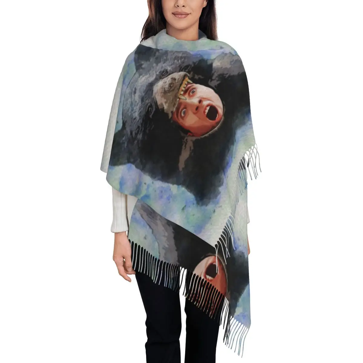 

Акварельный шарф Cage Bear для женщин, осень-зима, шаль из пашмины, большие шарфы с принтом Николаса и кисточкой для повседневной носки