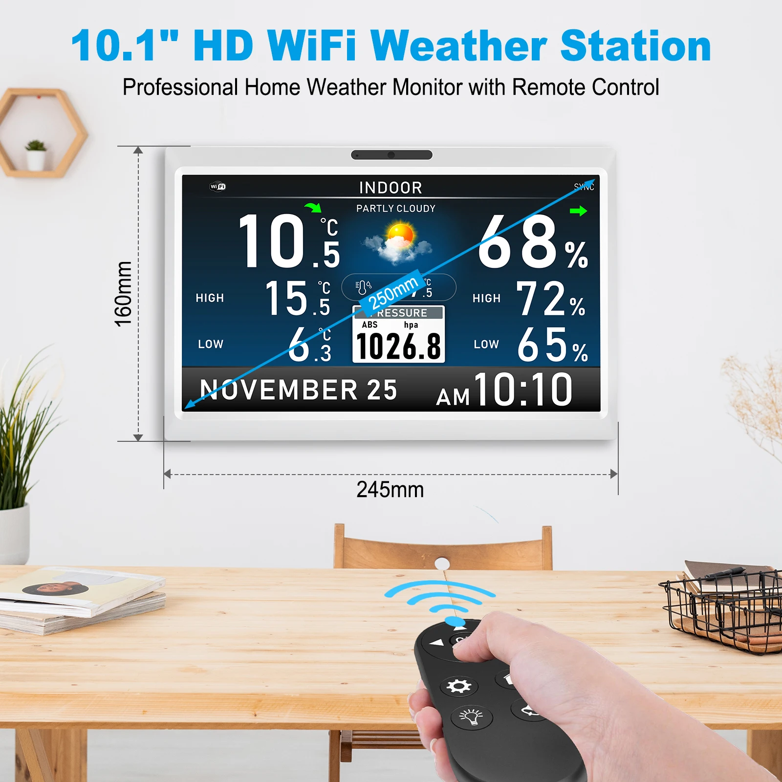WiFi Weather Station 10.1'' HD Display Wireless Indoor Outdoor Thermometer Hygrometer 4 Remote Sensors Wall Clock