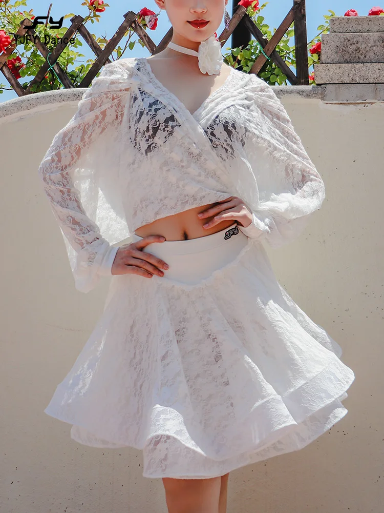 

Костюм для латинских танцев, прозрачный свободный кружевной комплект, бальная тренировочная юбка с рыбьей косточкой ADL248