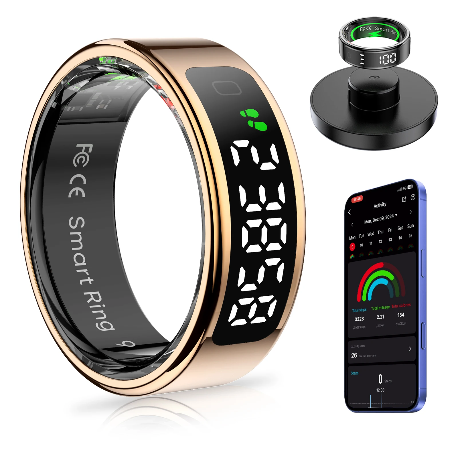 AMOVAN Smart Ring con display a LED Tracker sanitario e pulsante a sfioramento, connessione Bluetooth Monitor sanitario