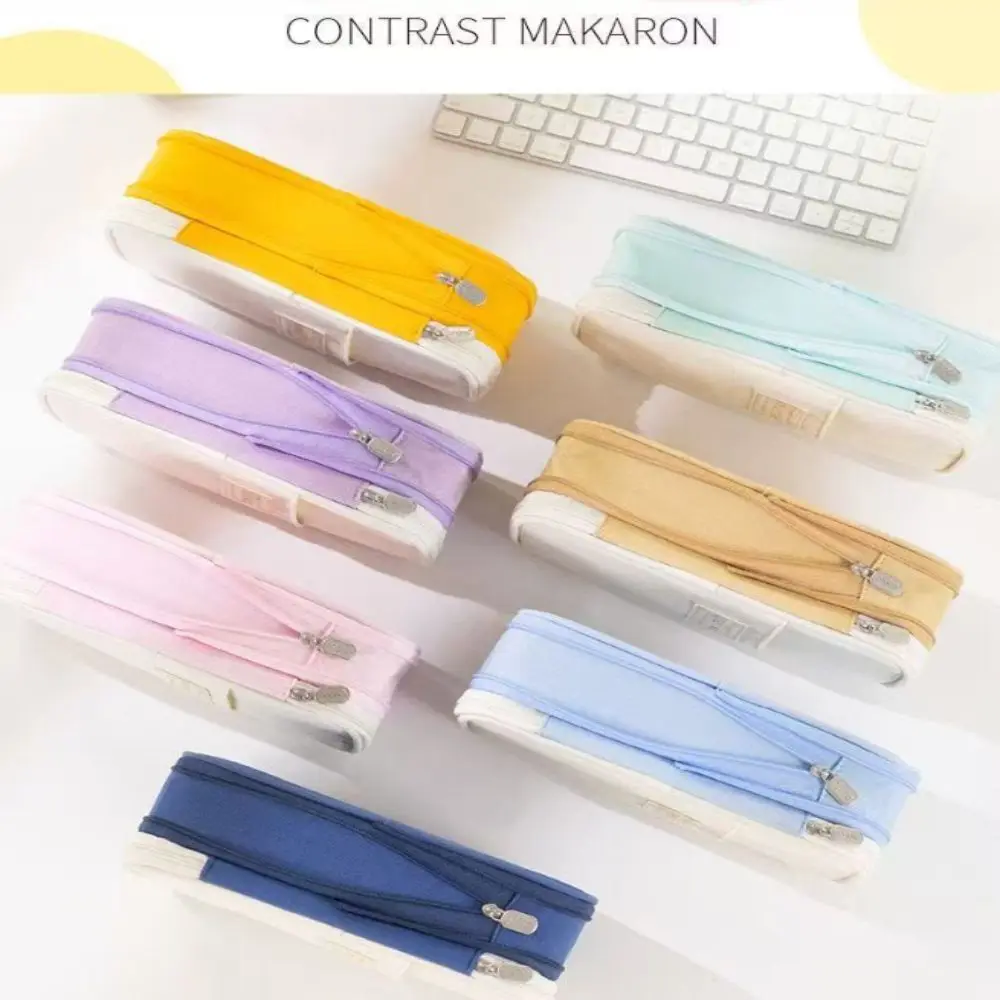 Canvas Pencil Case Dual Window Split Color Storage Bag Large Capacity Macaron Color Large Capacity Pouch Adult Office Supplies