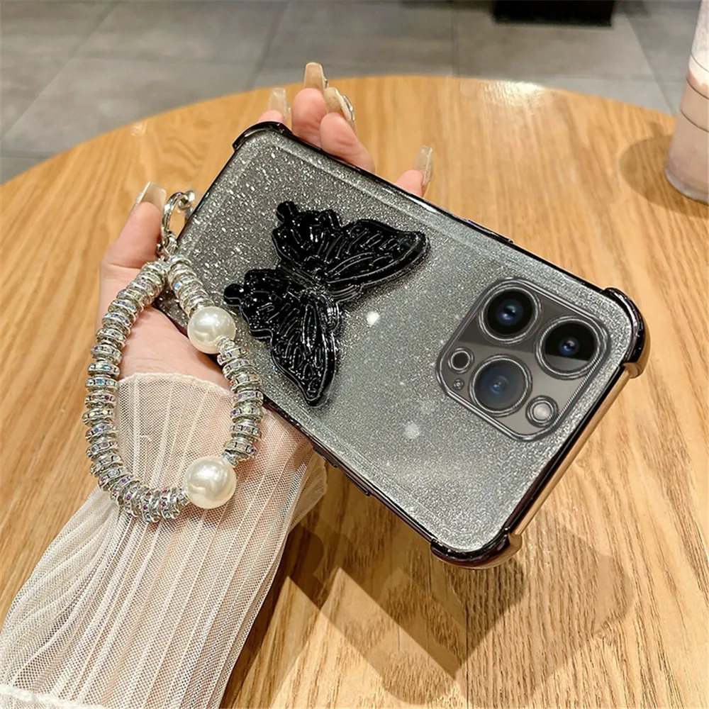 Butterfly Bracket Plating Glitter Phone Case For iPhone 16 15 14 13 11 12 Pro Max XS XR 7 8 Plus Shockproof Cover With Bracelet