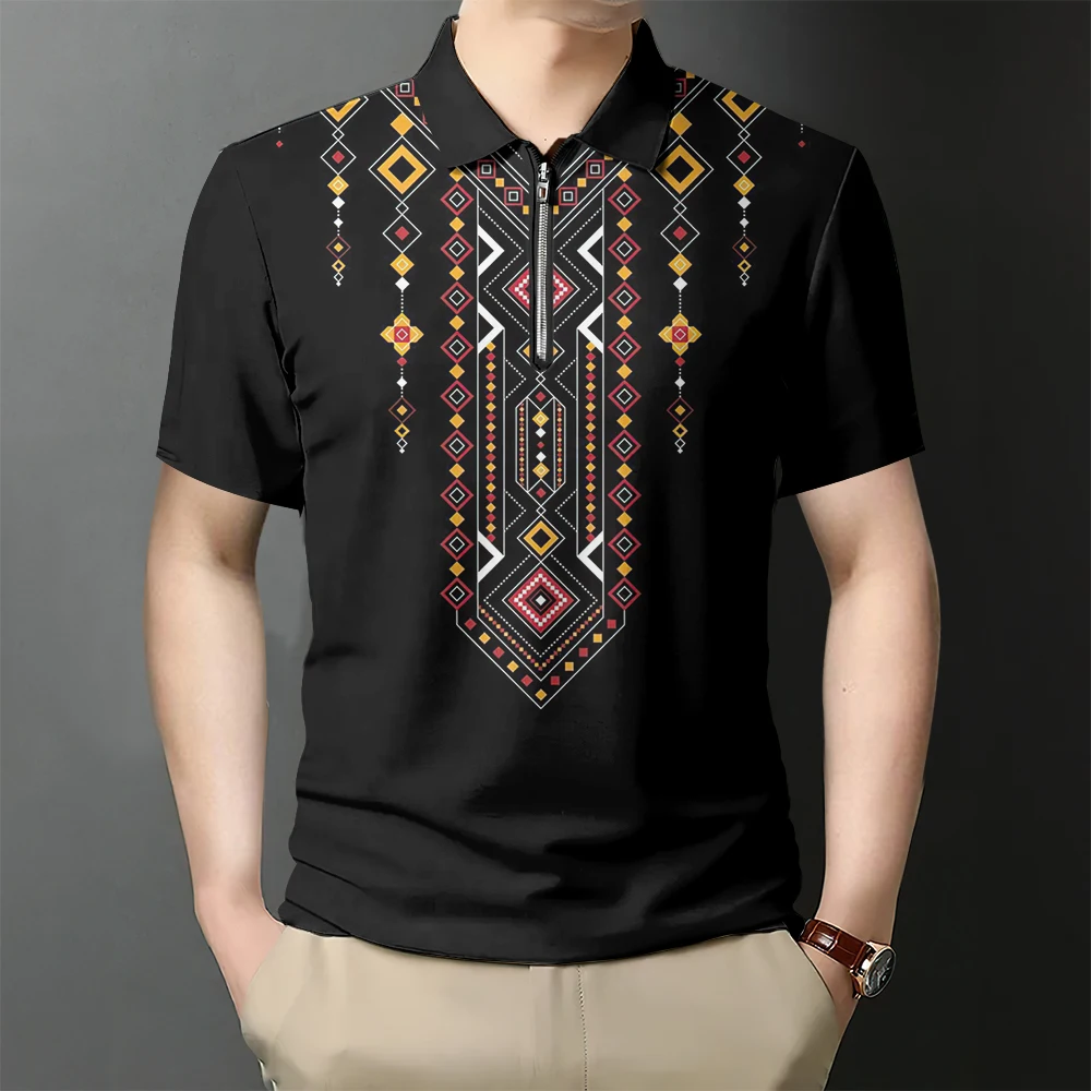 Vintage ethnic patterns Men's Polo Shirts Outdoor Sports Retro Casual Polo T-Shirts Button Short Sleeve Street Men Clothing