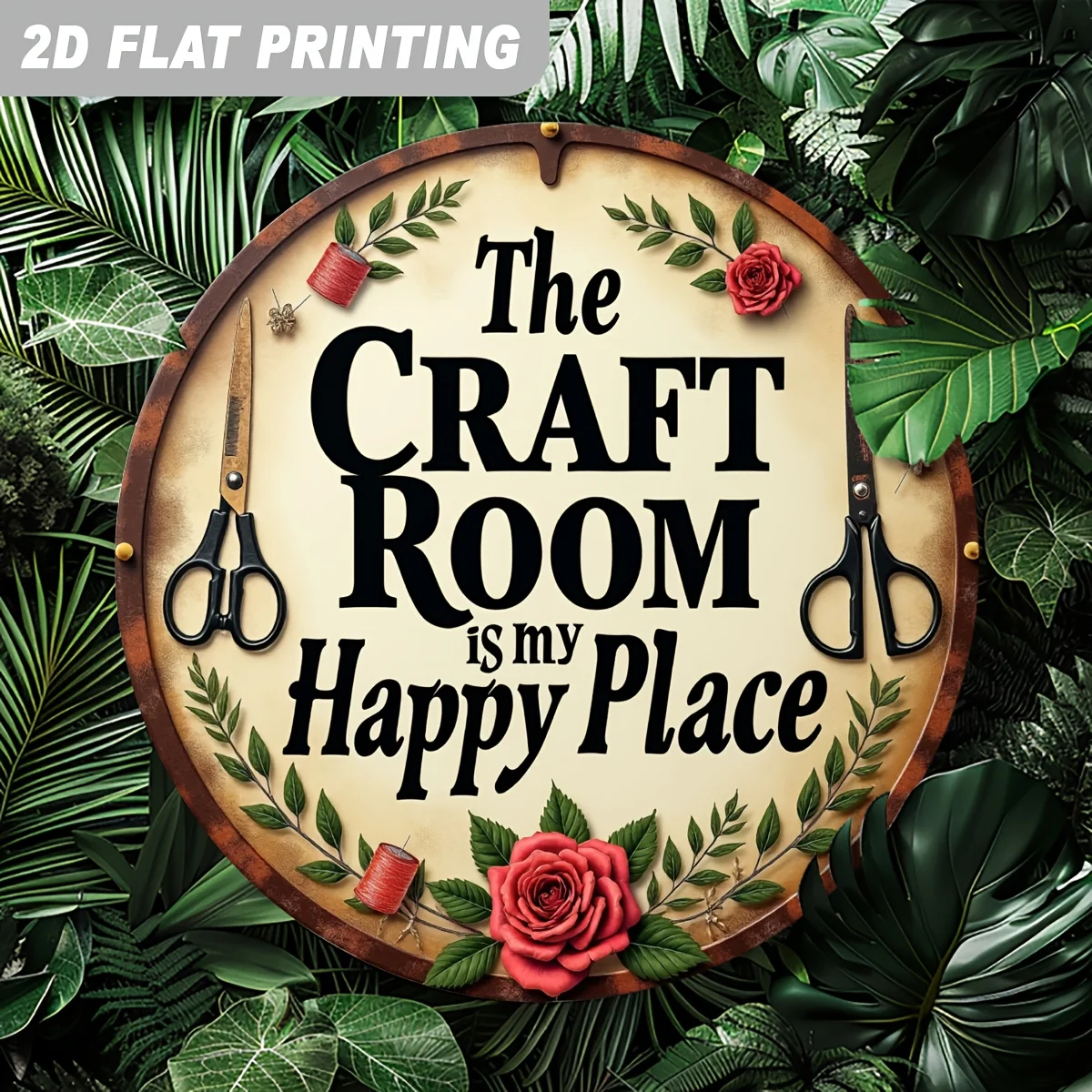 لافتة ألومنيوم مسطحة ثنائية الأبعاد، قطعة واحدة لتزيين جدران الغرفة اليدوية - "غرفة الحرف اليدوية هي مكان سعيد"، نمط ريفي 8 × 8 بوصة جدار مستدير #6