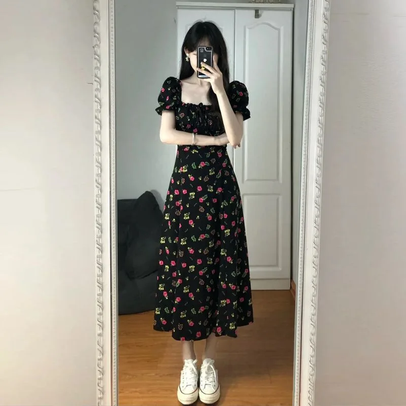 

Floral Print Dress Summer Korean Square Neck Bubble Sleeve Split Waist Fashion Dress Y2k Temperament Elegant Dresses Платье 원피스