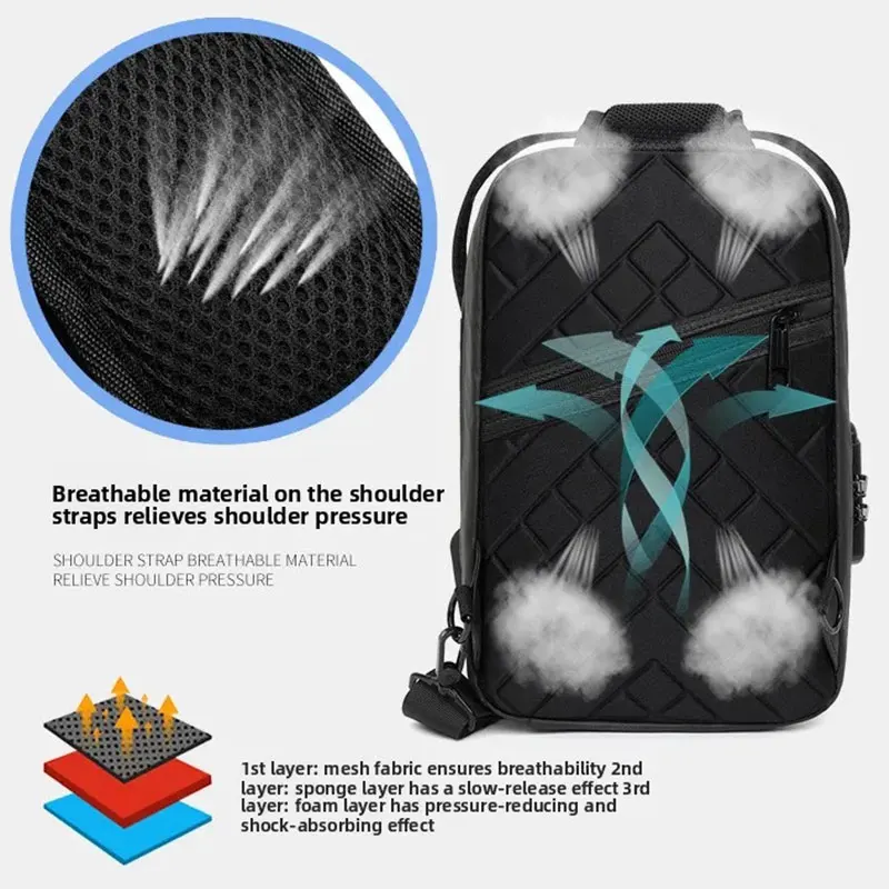 Borsa da petto da uomo nuova Borse a tracolla sportive antifurto multifunzionali per uomo Moda con borsa a tracolla con porta USB con blocco password