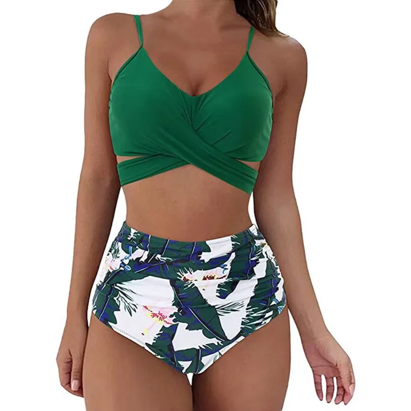 Hot 12 Colors Women Slim Bikini Sets High Waisted Sexy Swimwear 2 Pieces 2026 Solid/Floral Ruched Brazilian Swimsuit Cross Front